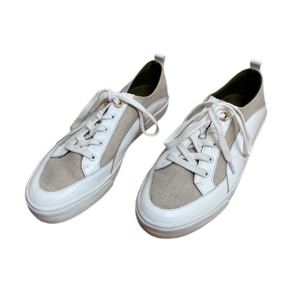 LOUISE ET CIE Low Top Bender White Leather Beige Fabric Lace Up Sneakers Sz 9.5
